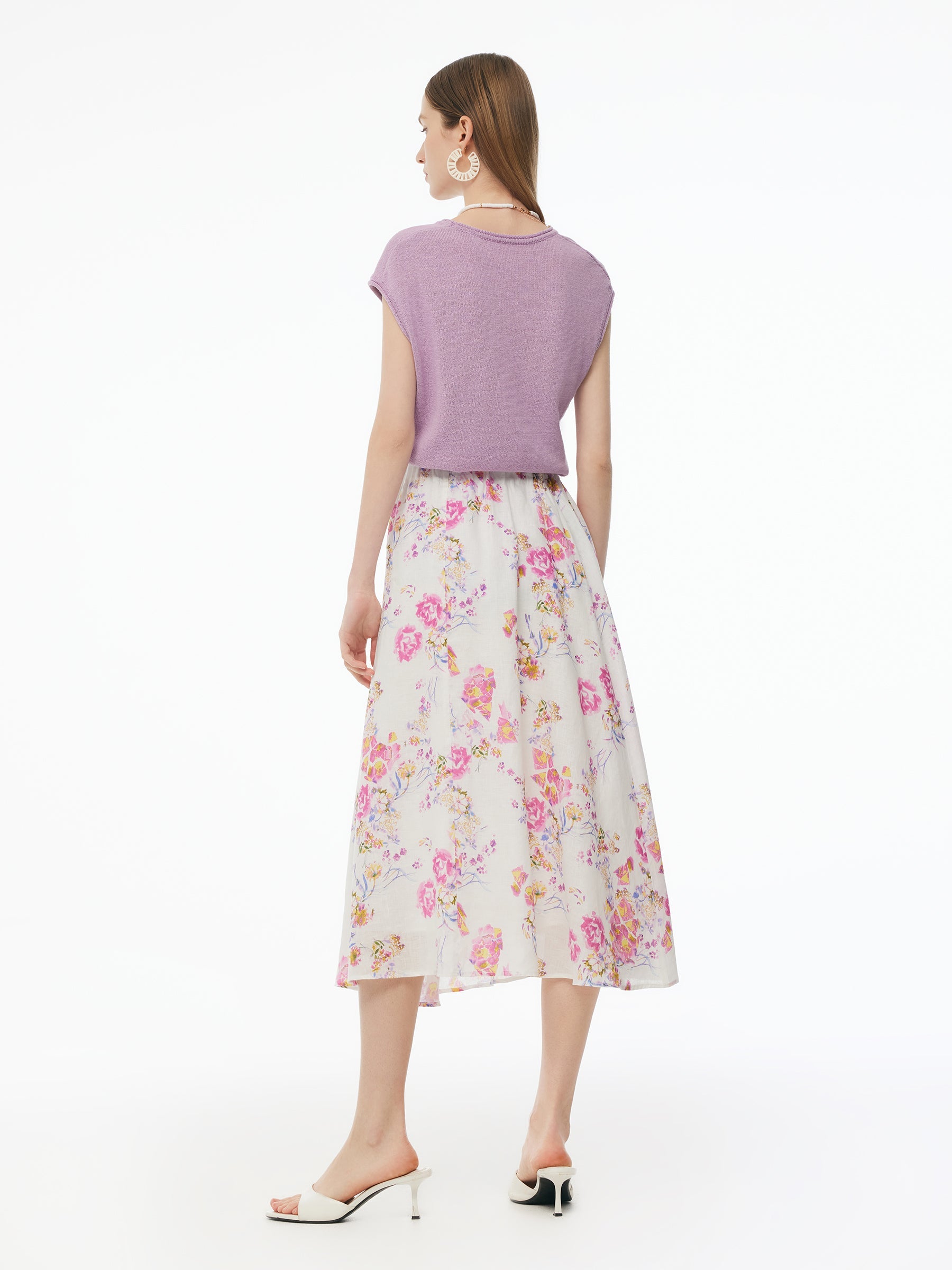 100% Linen Rose Print Women A-Line Skirt