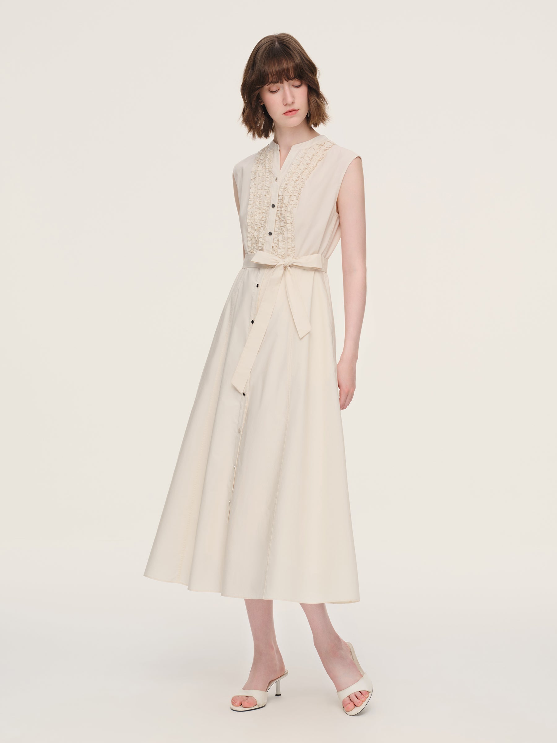 100% Cotton Gather-waisted Women Sleeveless Maxi Dress With Two Belts