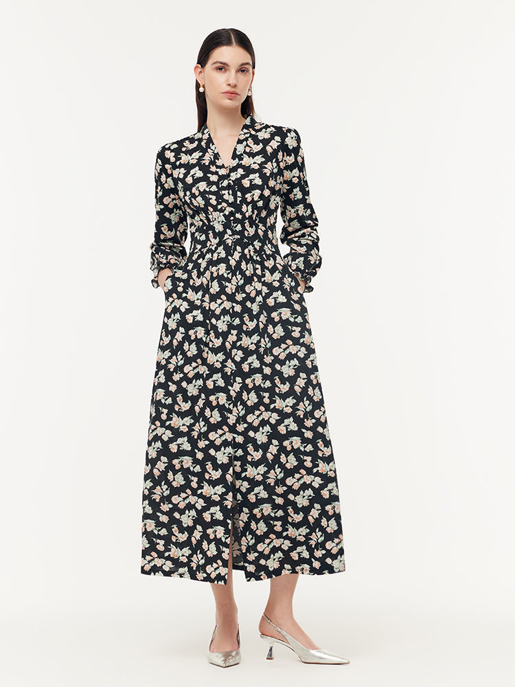 100% Cotton Floral Print Stretch Gathered Waist Women Maxi Dress