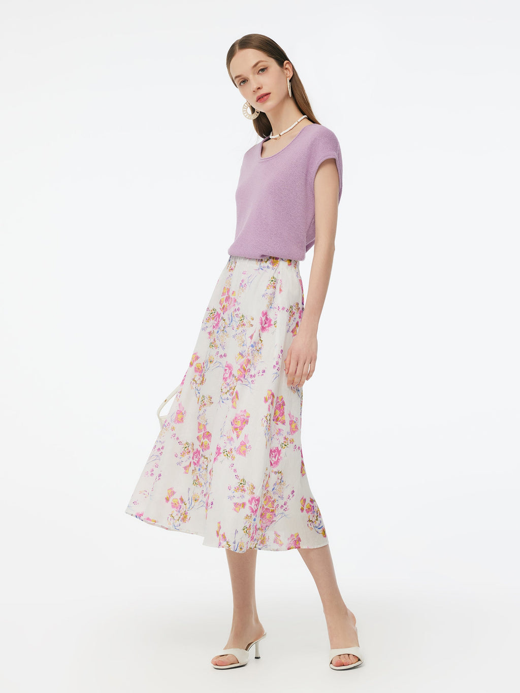 100% Linen Rose Print Women A-Line Skirt