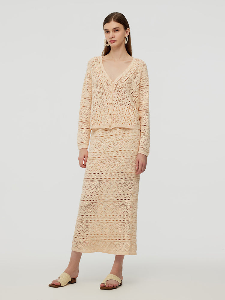 100% Cotton Openwork Cardigan And Skirt Two-Piece Set