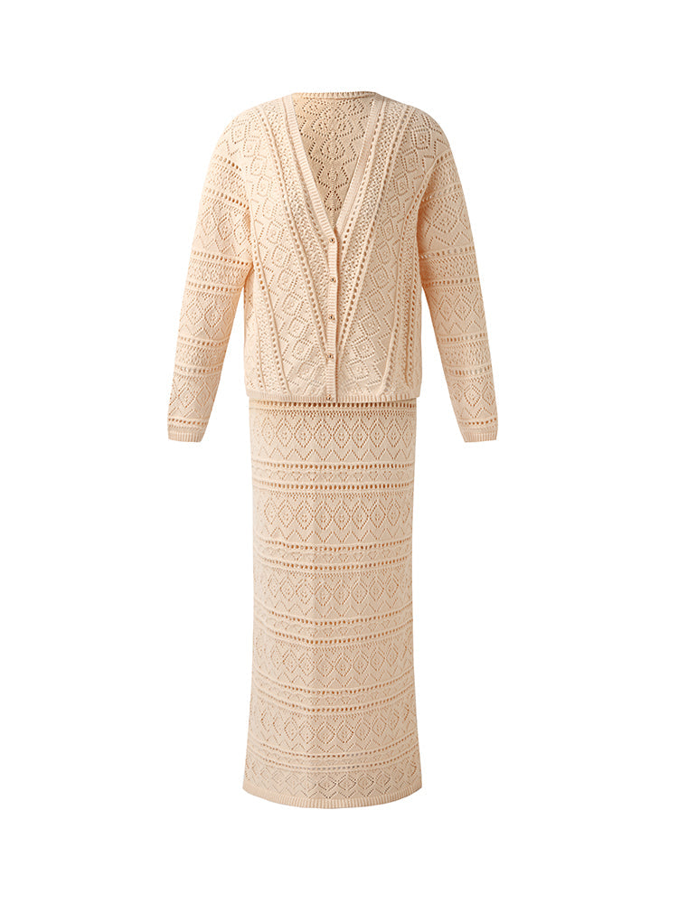 100% Cotton Openwork Cardigan And Skirt Two-Piece Set