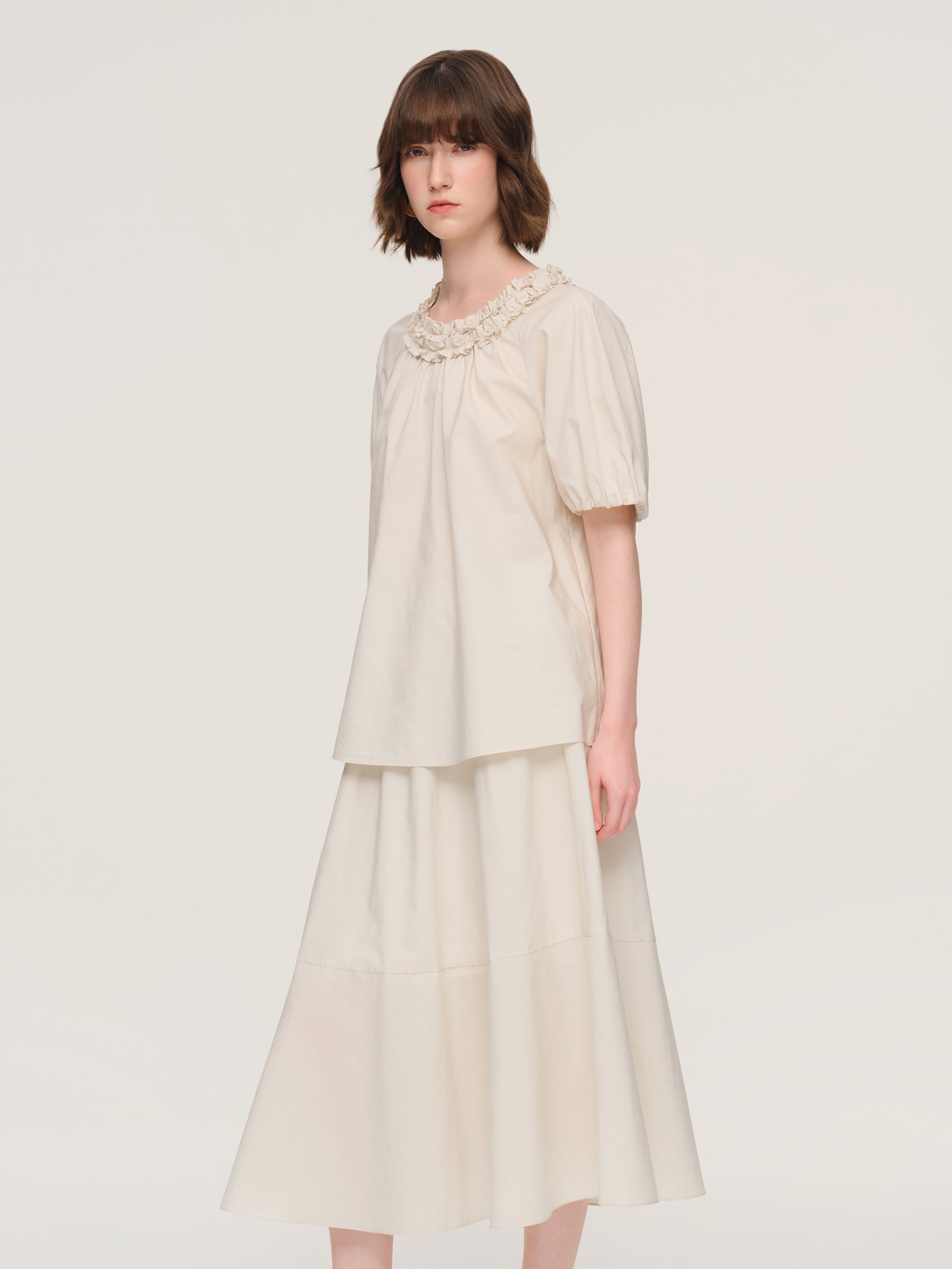 100% Cotton Ruffle Round Neck Top And A-Line Skirt Two-Piece Set