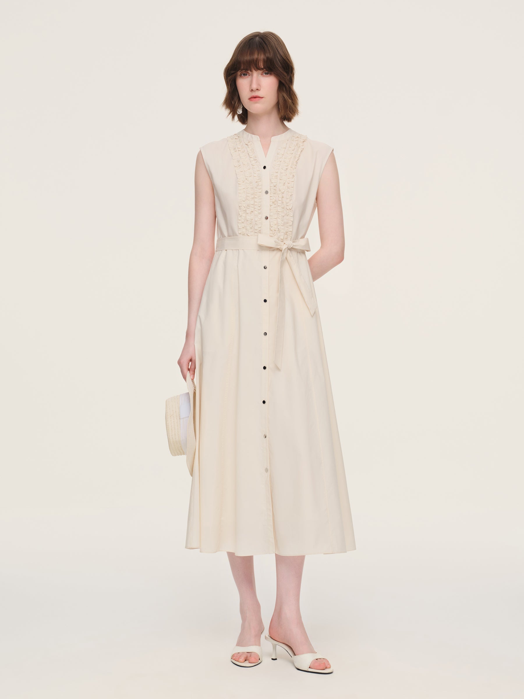 100% Cotton Gather-waisted Women Sleeveless Maxi Dress With Two Belts
