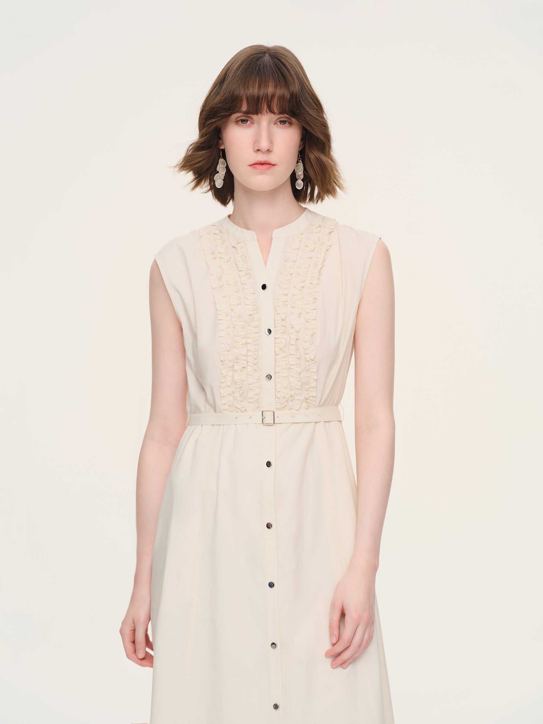 100% Cotton Gather-waisted Women Sleeveless Maxi Dress With Two Belts