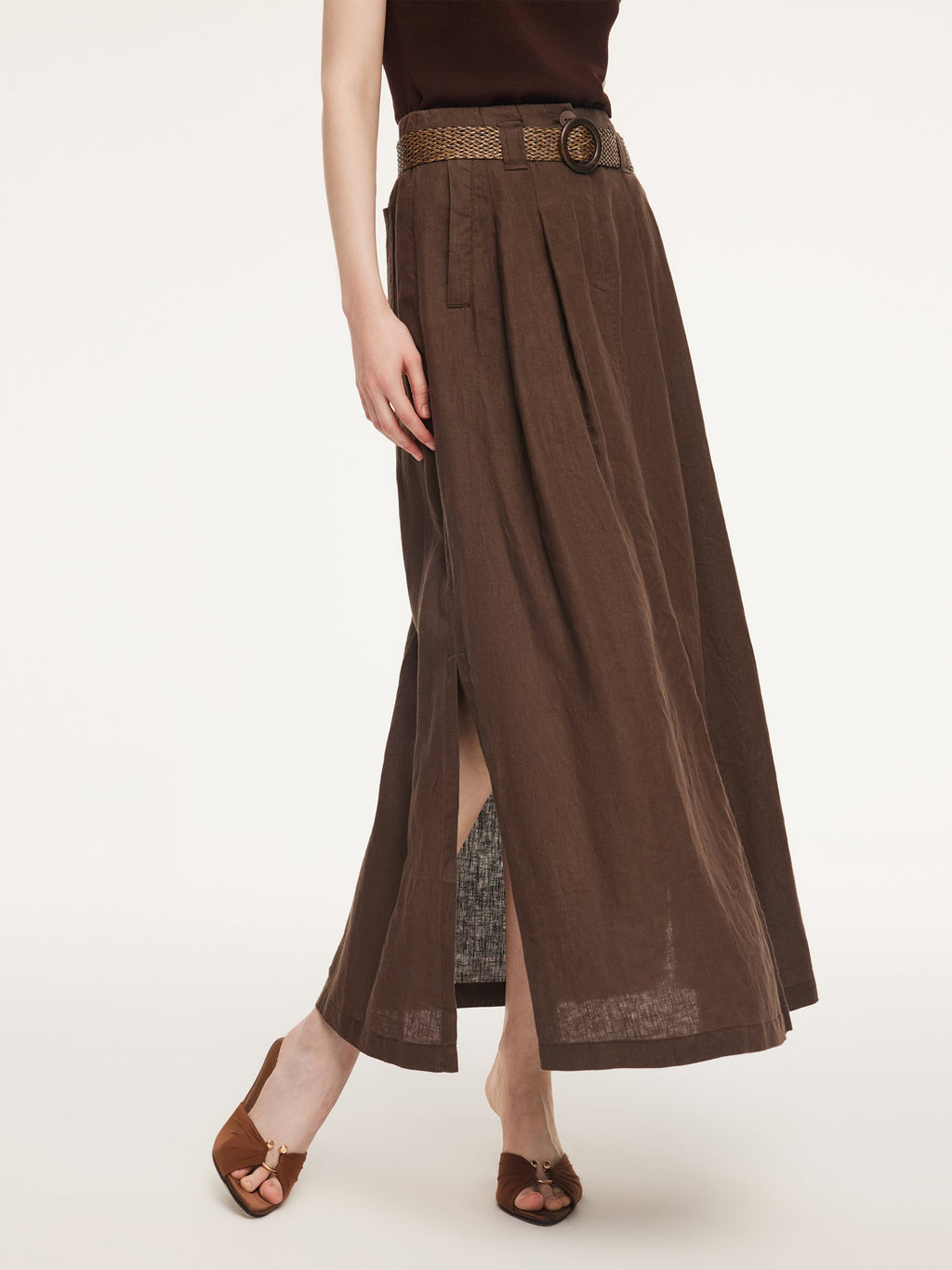 100% Linen A-Line Women Skirt With Braided Belt