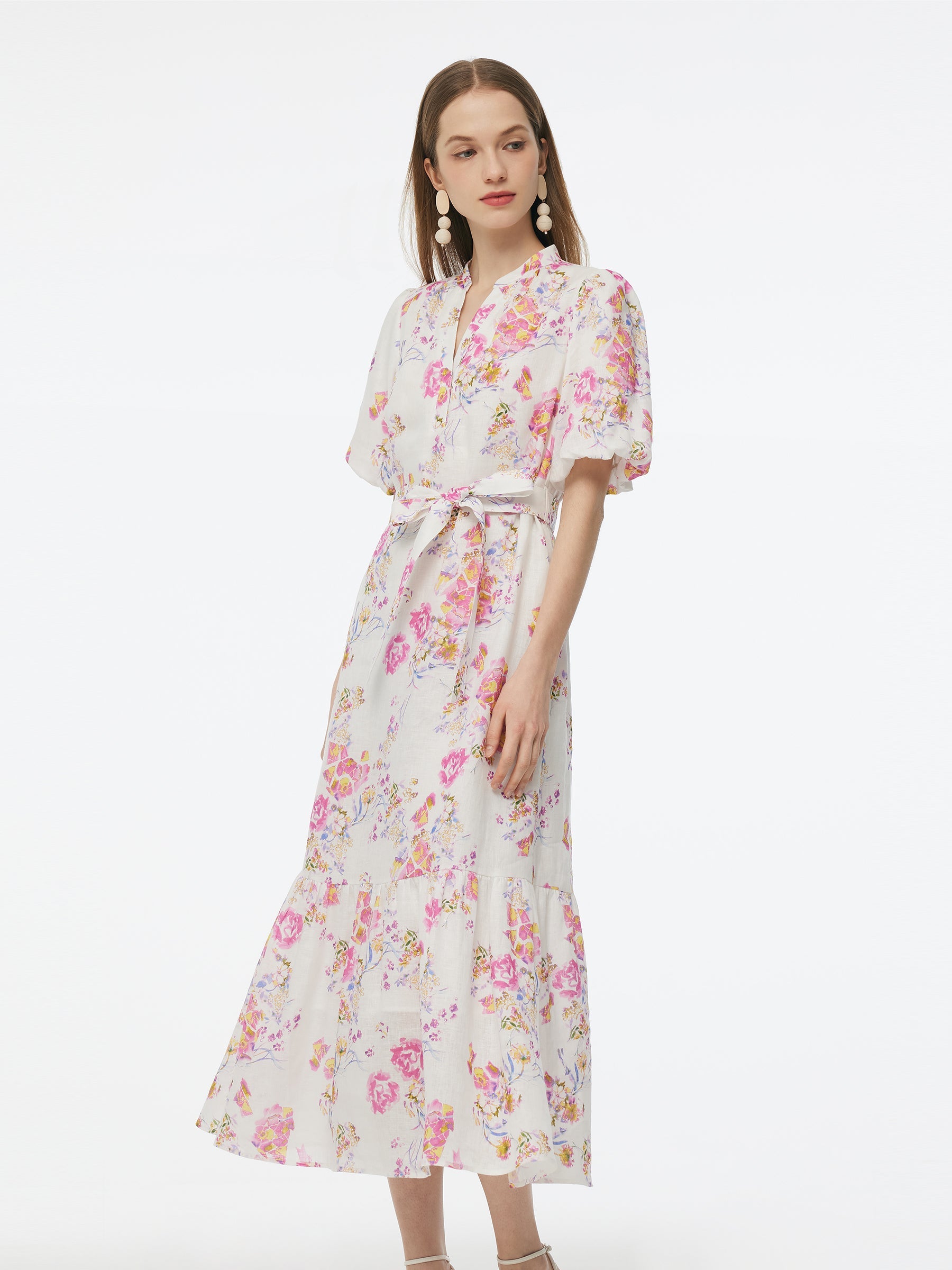 100% Linen Rose Print Women Maxi Dress With Belt