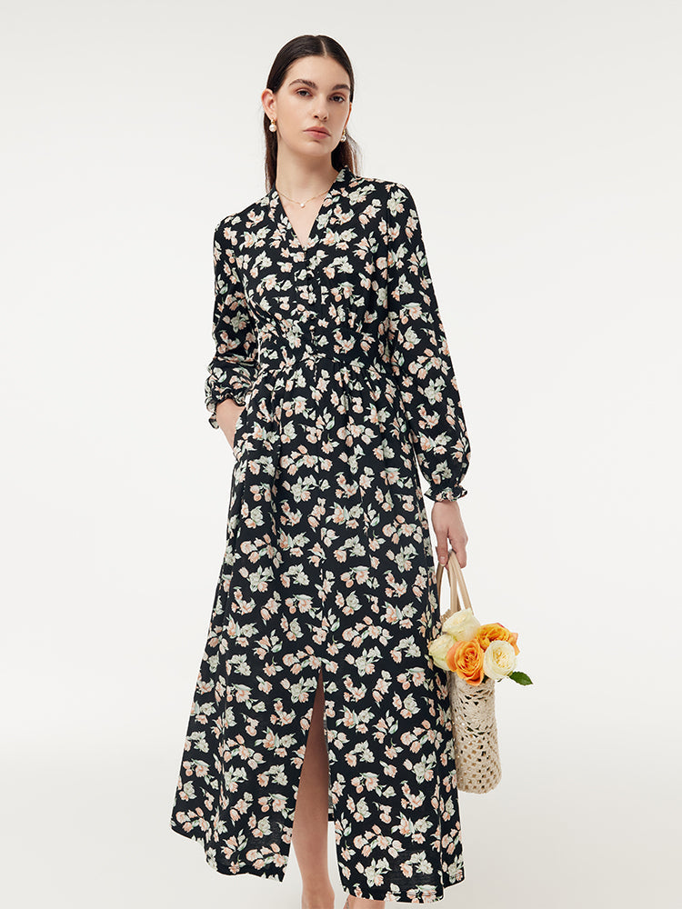 100% Cotton Floral Print Stretch Gathered Waist Women Maxi Dress