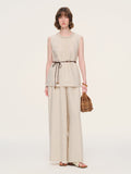 100% Linen Braided Neck Tank Top And Pants Two-Piece Set With Beaded Belt