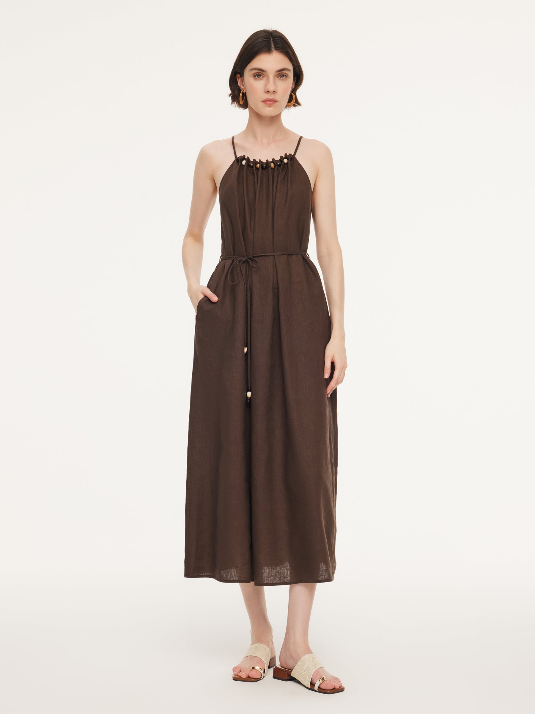 100% Linen Beaded Neck Women Strap Maxi Dress With Tie String Belt