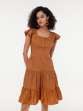 100% Cotton Ruffle Sleeve Gathered Waist Women Mini Dress