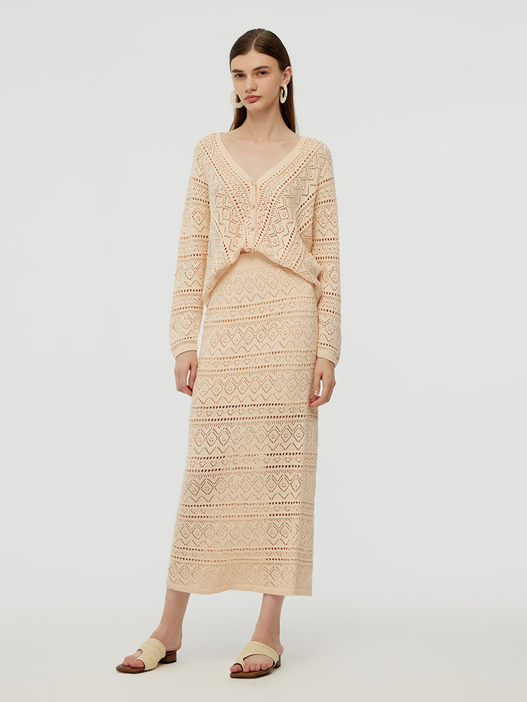 100% Cotton Openwork Cardigan And Skirt Two-Piece Set