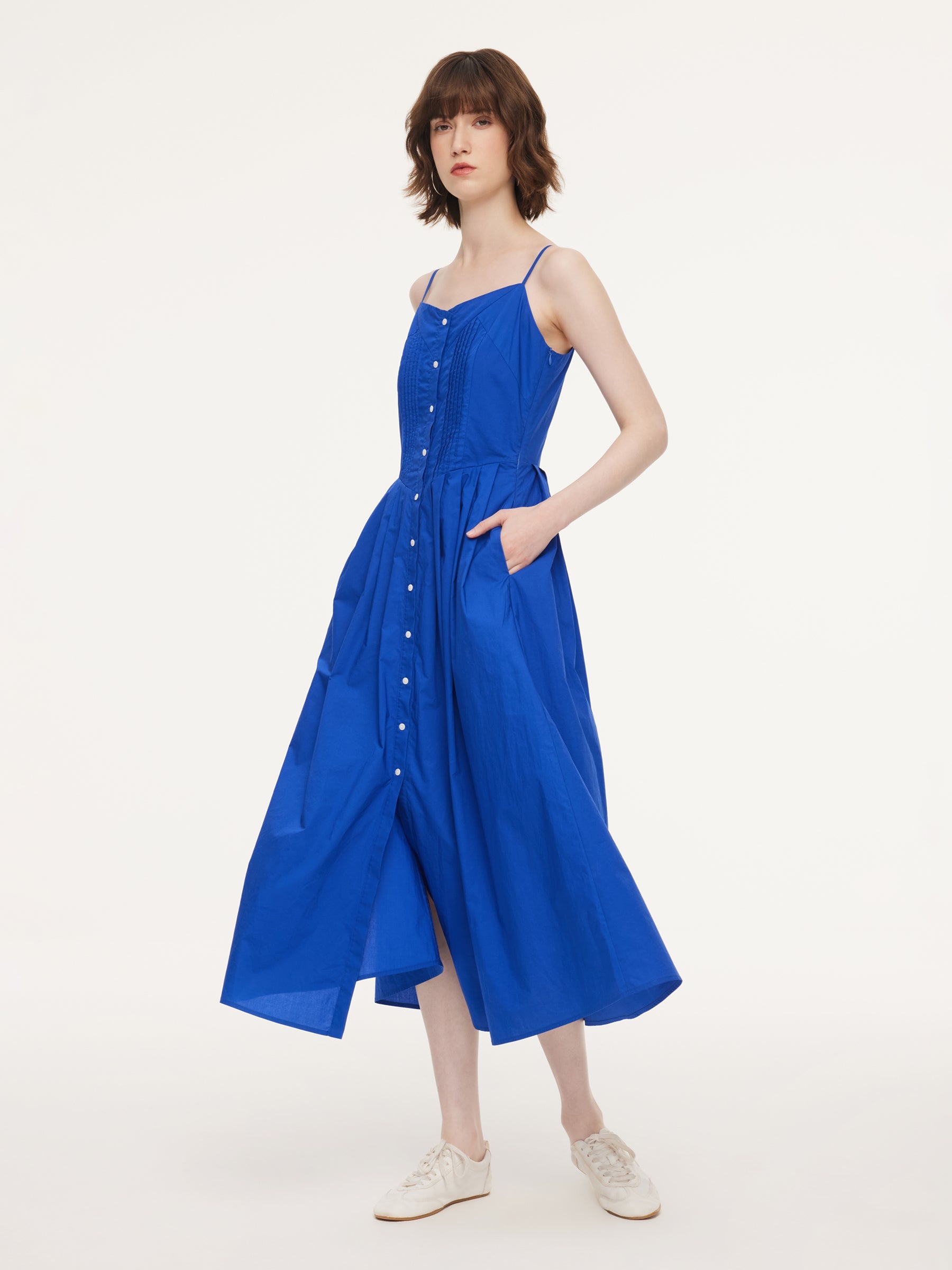 100% Cotton Gathered Waist Women Strap Maxi Dress