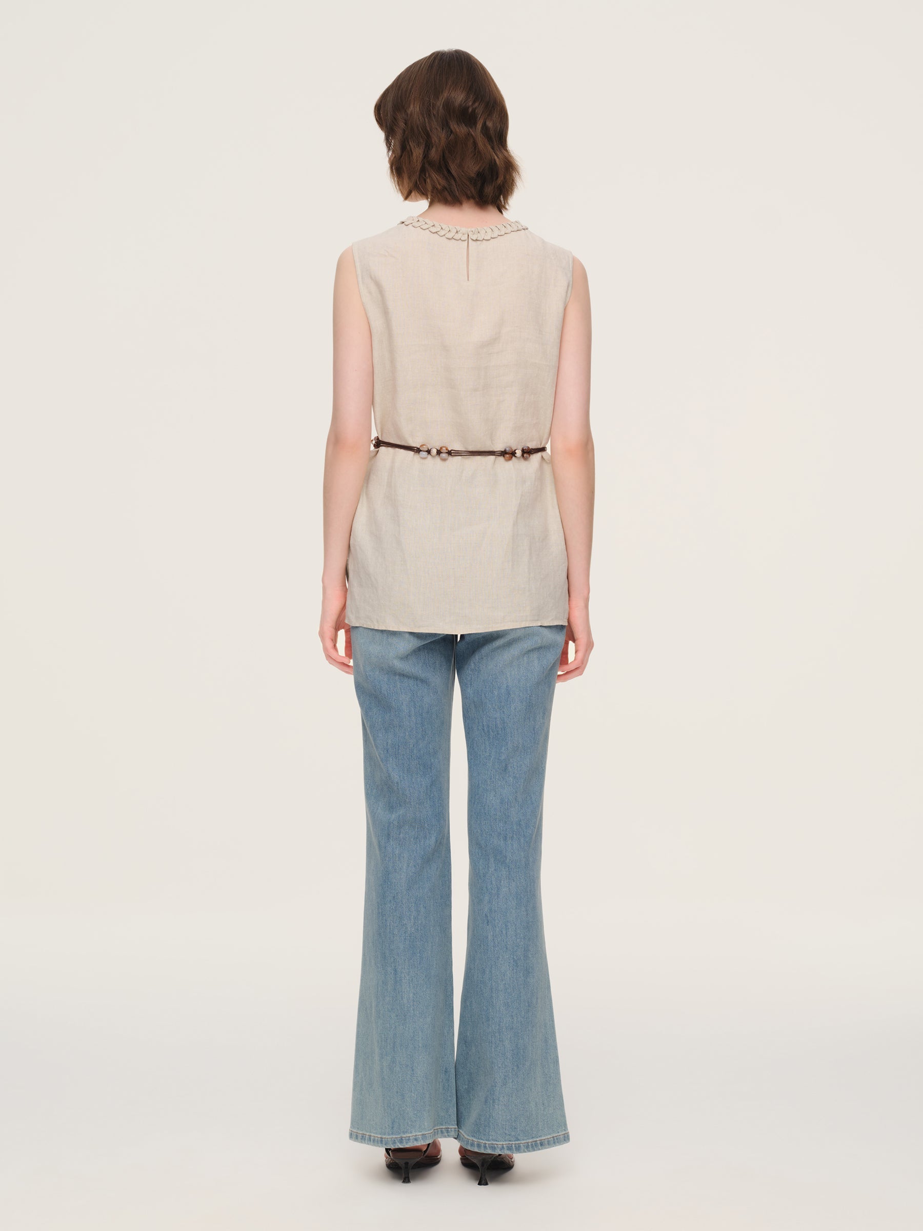 100% Linen Braided Neck Tank Top And Pants Two-Piece Set With Beaded Belt