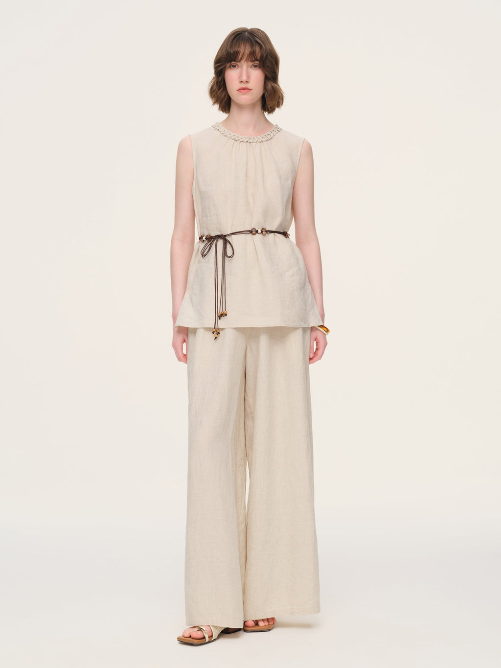100% Linen Braided Neck Tank Top And Pants Two-Piece Set With Beaded Belt