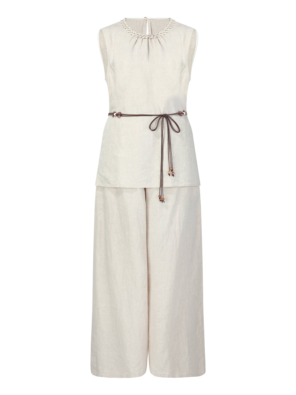 100% Linen Braided Neck Tank Top And Pants Two-Piece Set With Beaded Belt