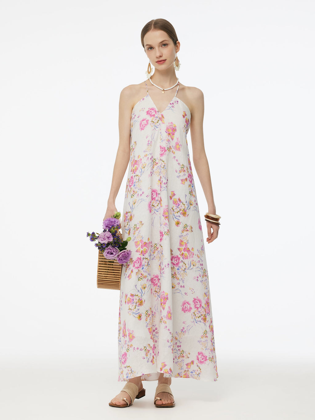 100% Linen Rose Print Women Halterneck Slip Maxi Dress