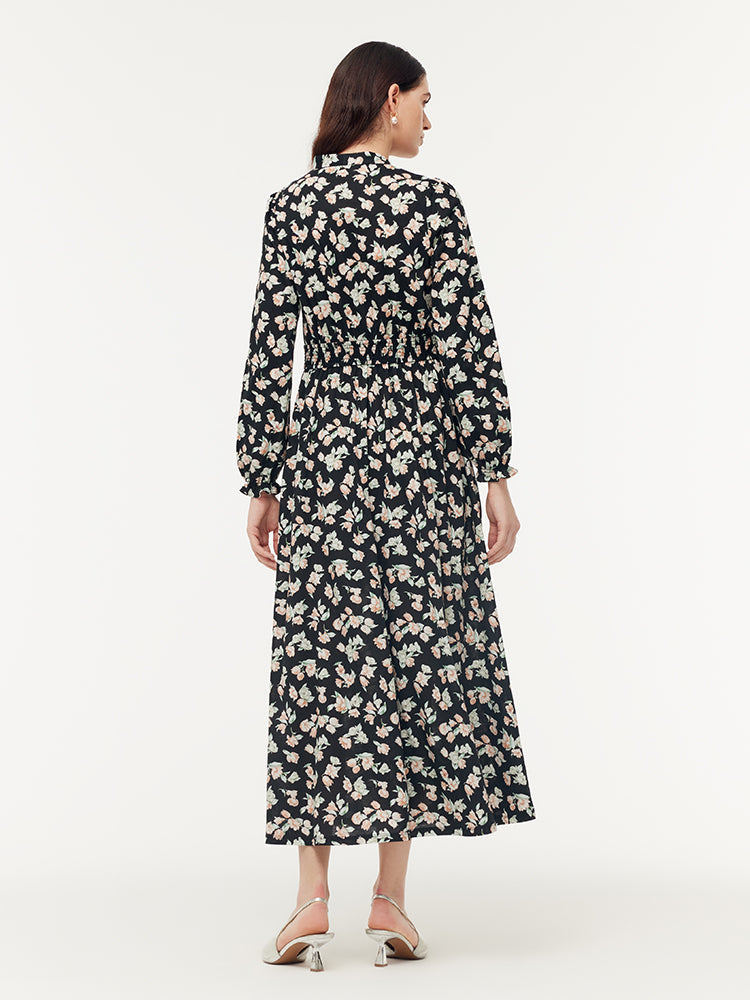 100% Cotton Floral Print Stretch Gathered Waist Women Maxi Dress
