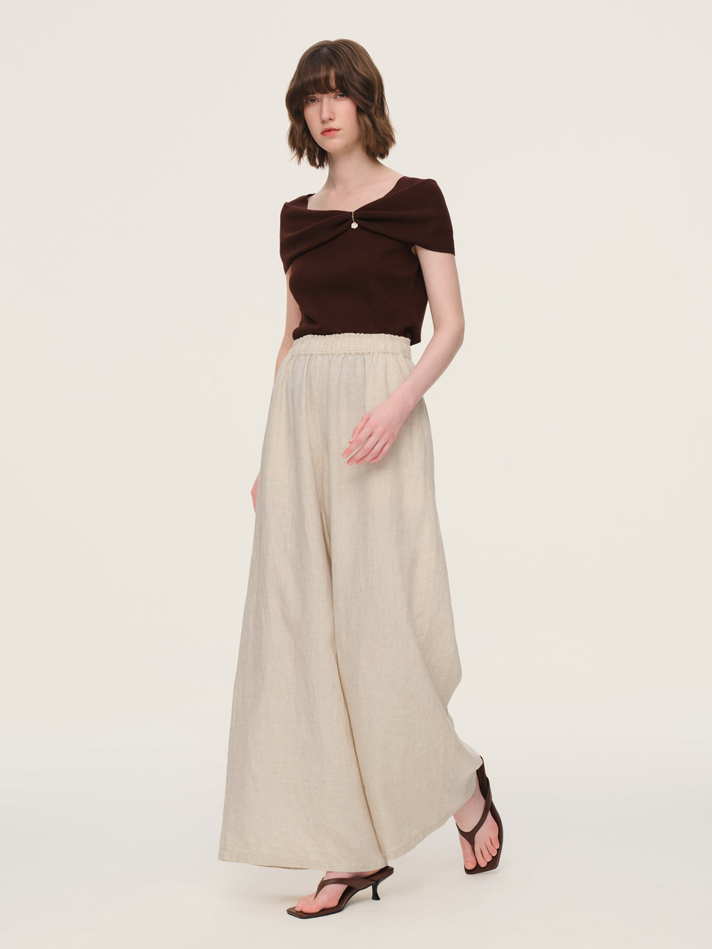100% Linen Braided Neck Tank Top And Pants Two-Piece Set With Beaded Belt