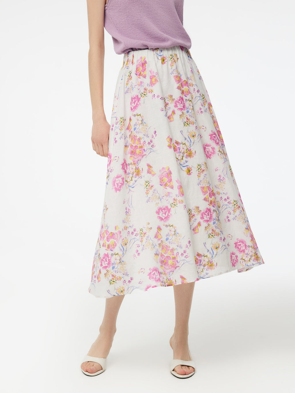 100% Linen Rose Print Women A-Line Skirt