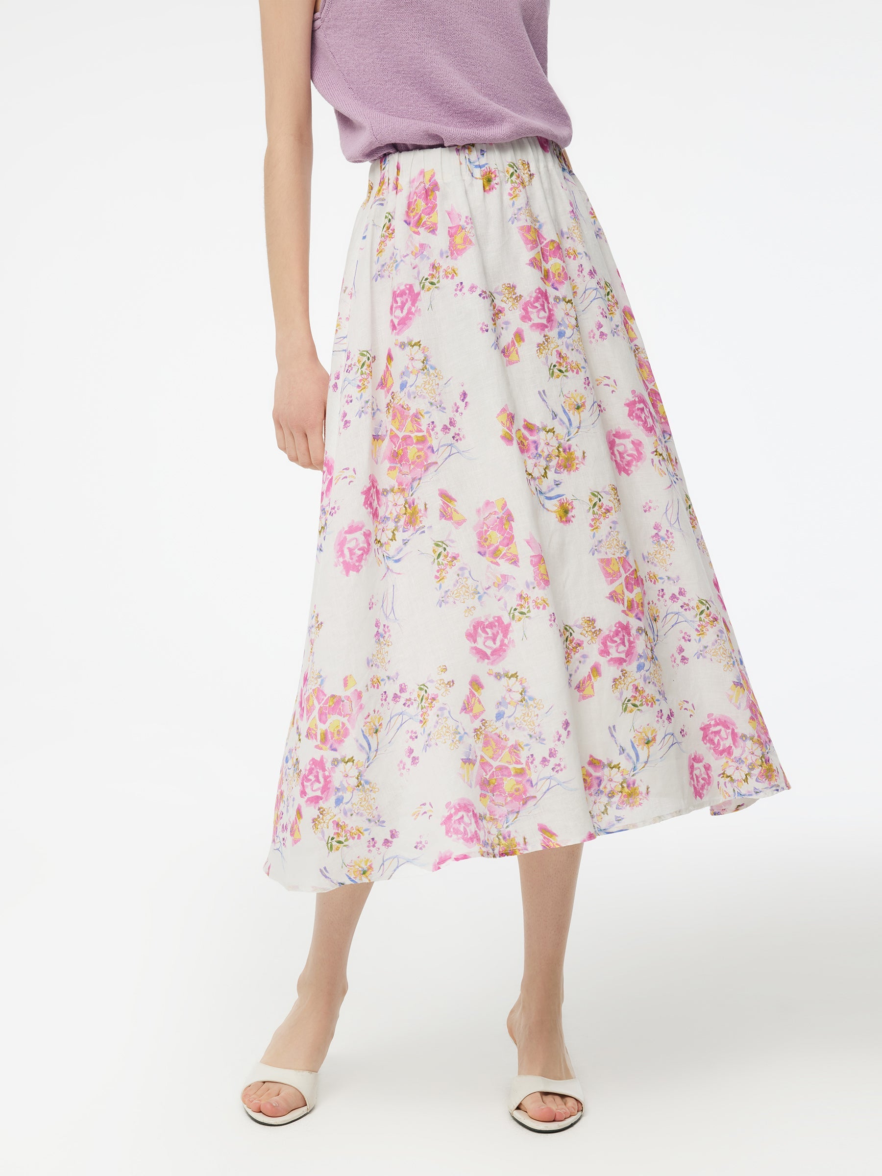 100% Linen Rose Print Women A-Line Skirt