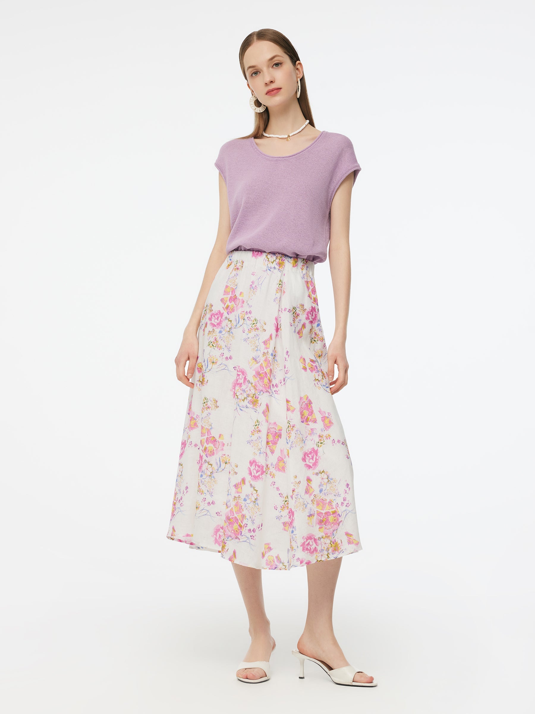 100% Linen Rose Print Women A-Line Skirt