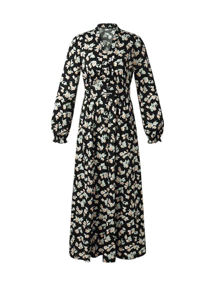 100% Cotton Floral Print Stretch Gathered Waist Women Maxi Dress