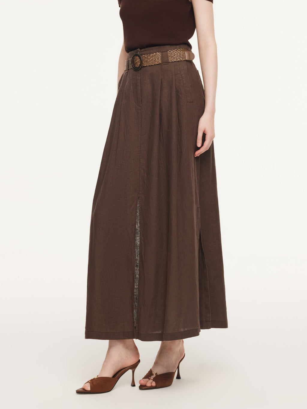 100% Linen A-Line Women Skirt With Braided Belt