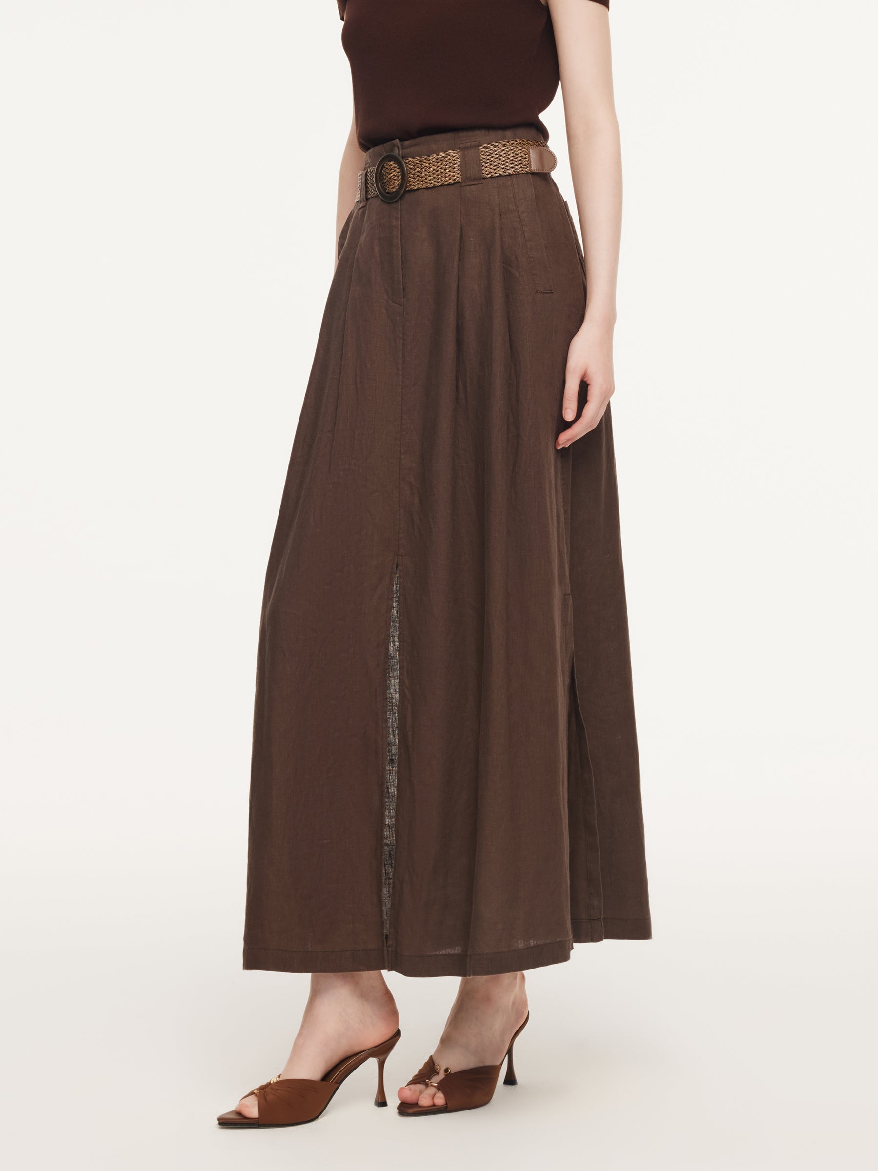100% Linen A-Line Women Skirt With Braided Belt
