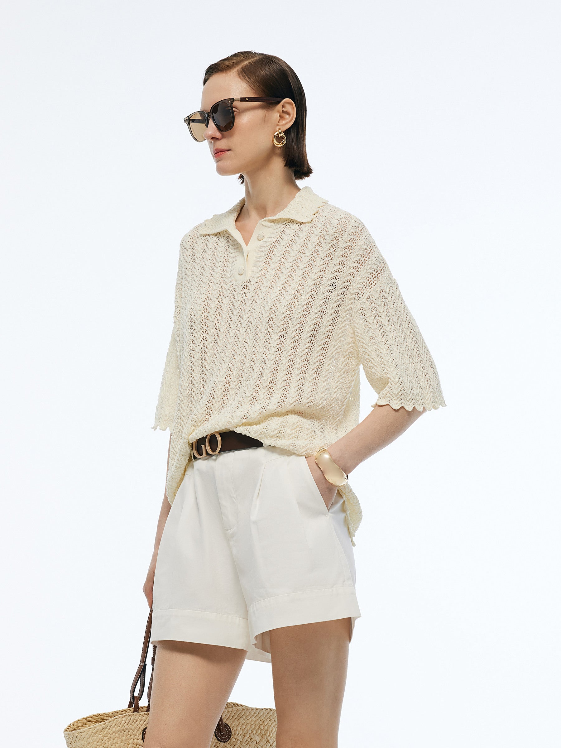 100% Cotton Openwork Women Knit Polo Top