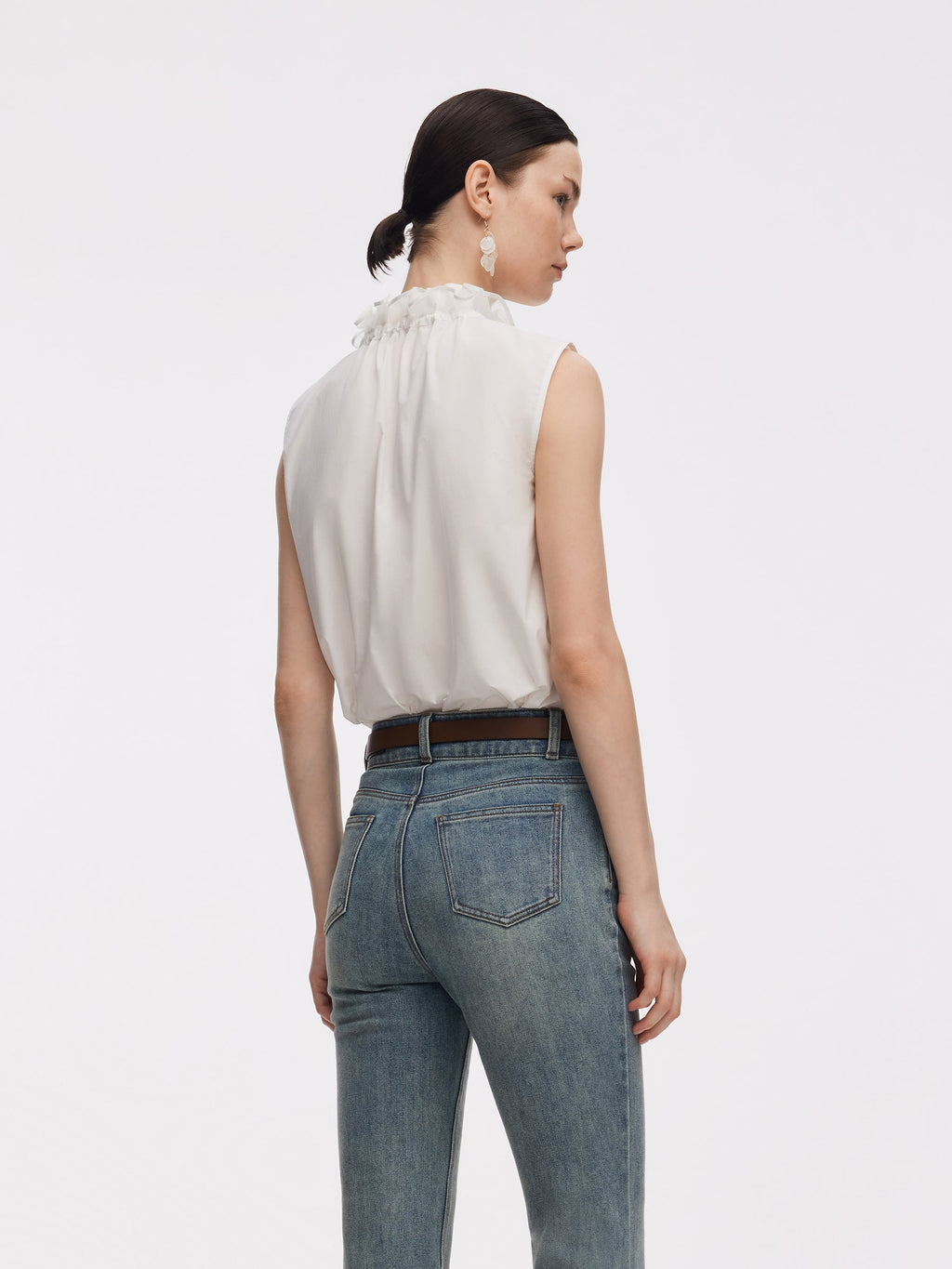 100% Cotton Ruffled Collar Women Sleeveless Blouse