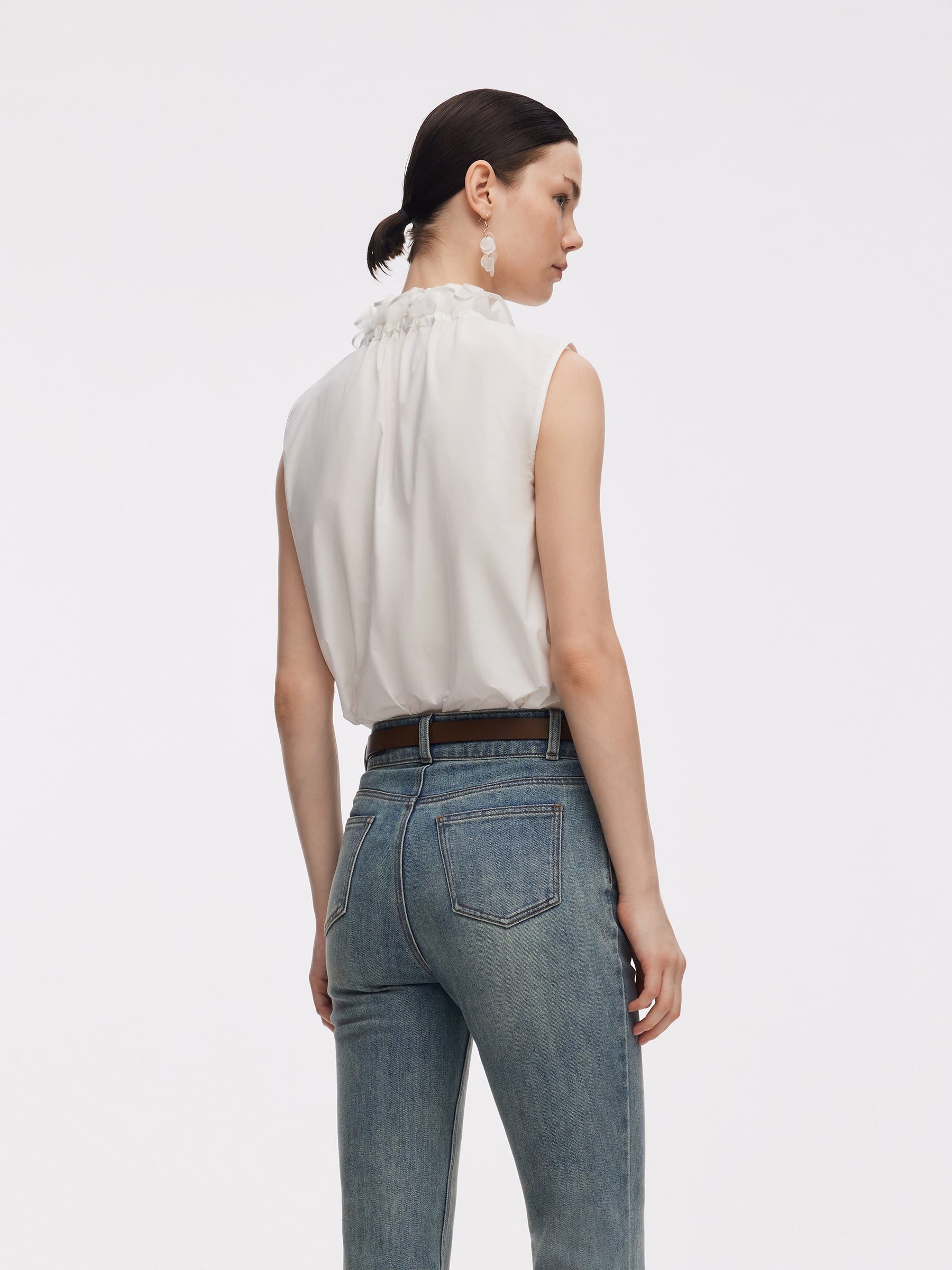 100% Cotton Ruffled Collar Women Sleeveless Blouse