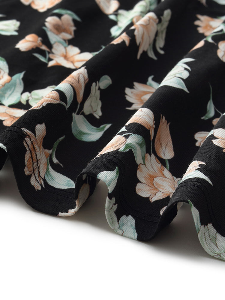 100% Cotton Floral Print Stretch Gathered Waist Women Maxi Dress