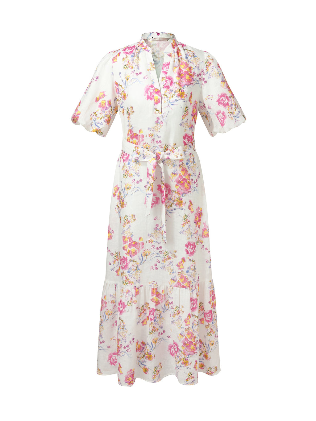 100% Linen Rose Print Women Maxi Dress With Belt