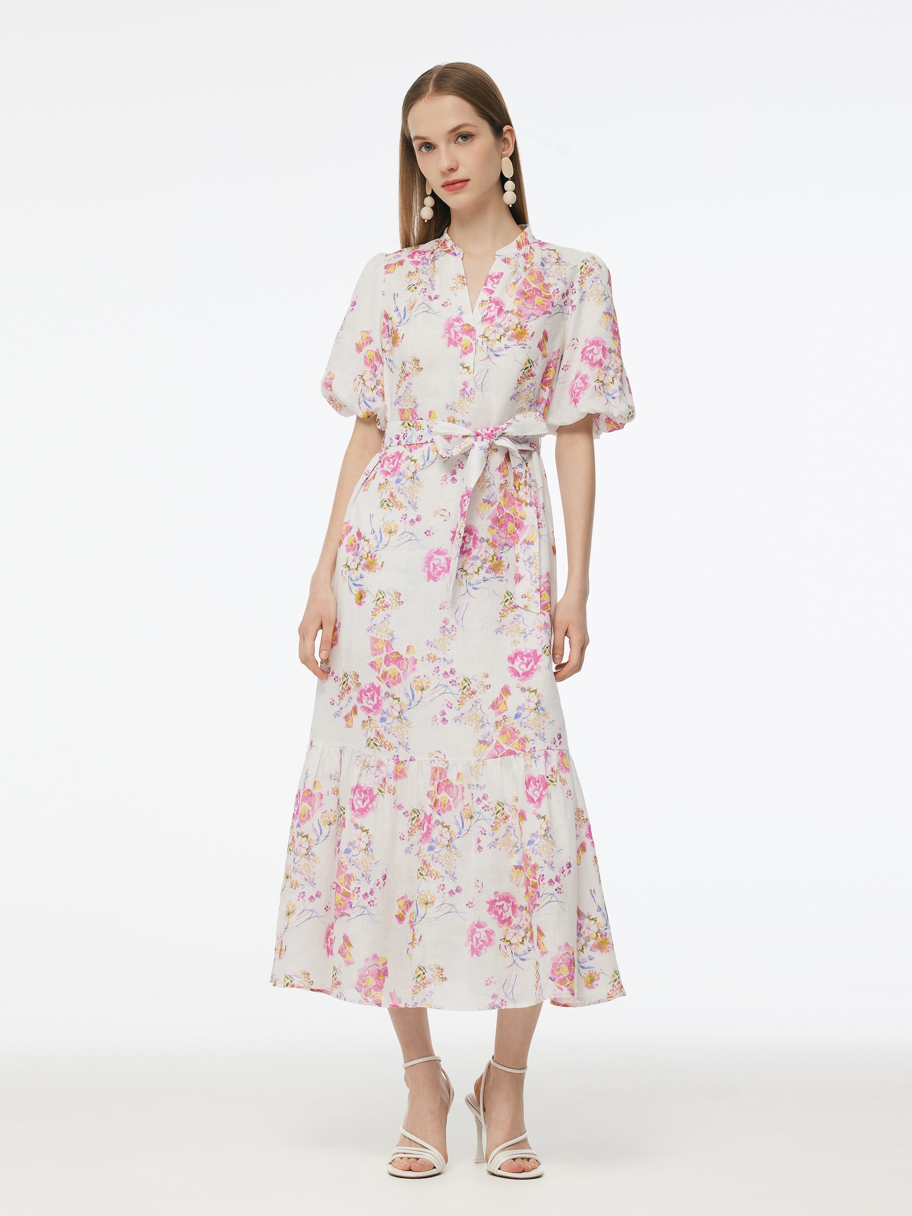 100% Linen Rose Print Women Maxi Dress With Belt