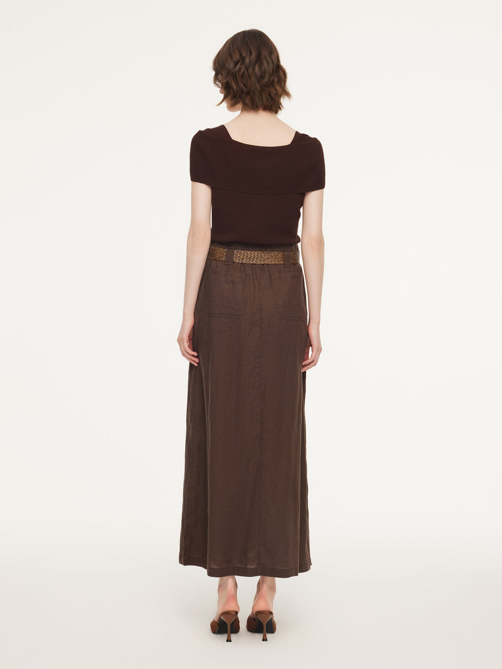 100% Linen A-Line Women Skirt With Braided Belt