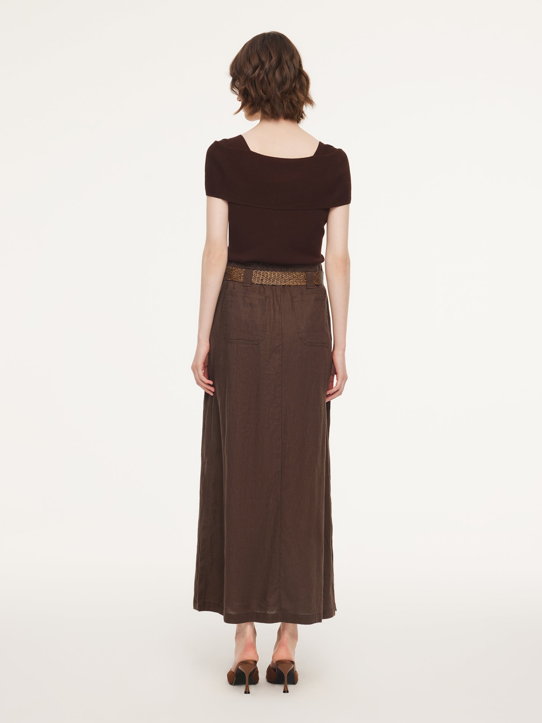 100% Linen A-Line Women Skirt With Braided Belt