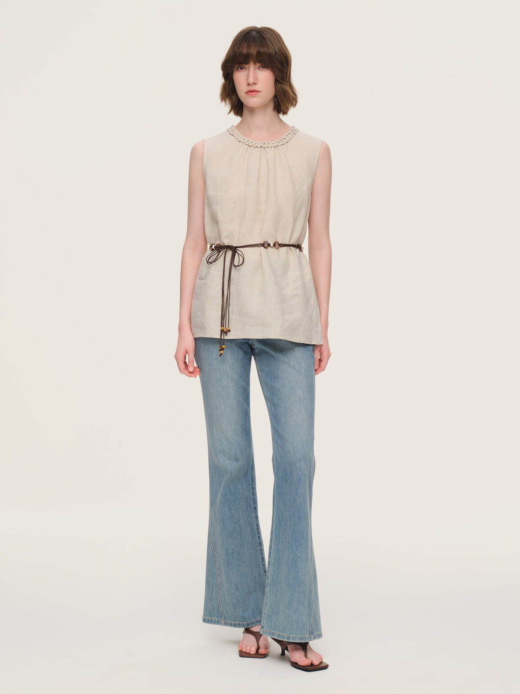 100% Linen Braided Neck Tank Top And Pants Two-Piece Set With Beaded Belt